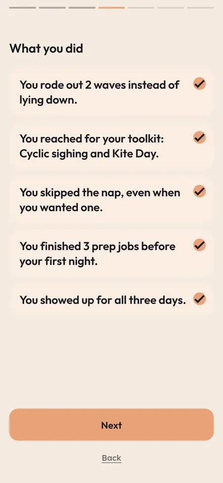App screen listing what you did over the weekend
