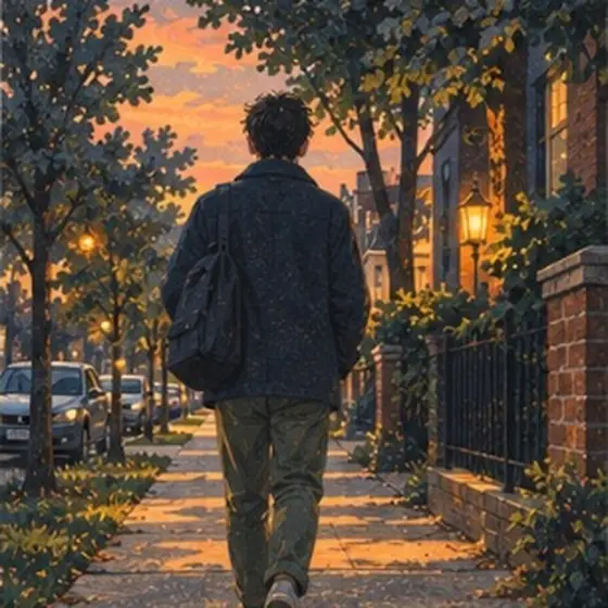 Painting of a person walking home down a quiet street at dusk