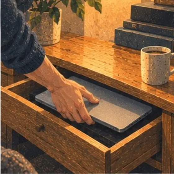 Painting of a hand sliding a laptop into a desk drawer