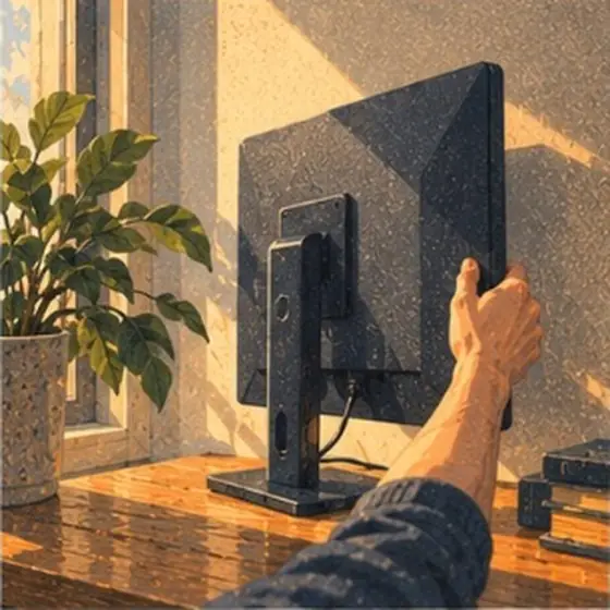 Painting of a hand turning a monitor to face the wall
