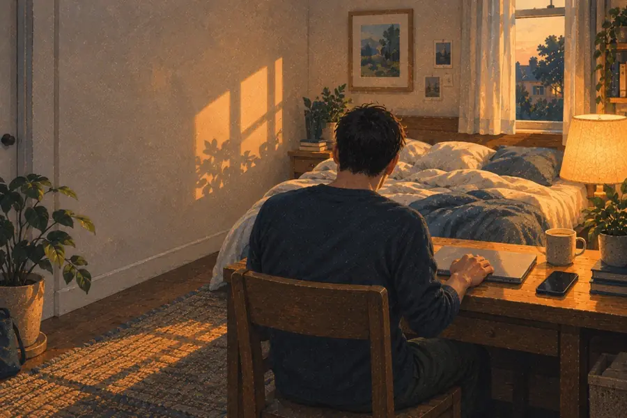 Painting of a man seen from behind at a desk at the foot of a bed, one hand on a closed laptop, evening light