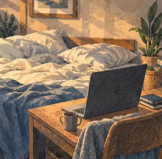 Painting of a bed with a desk and open laptop at its foot