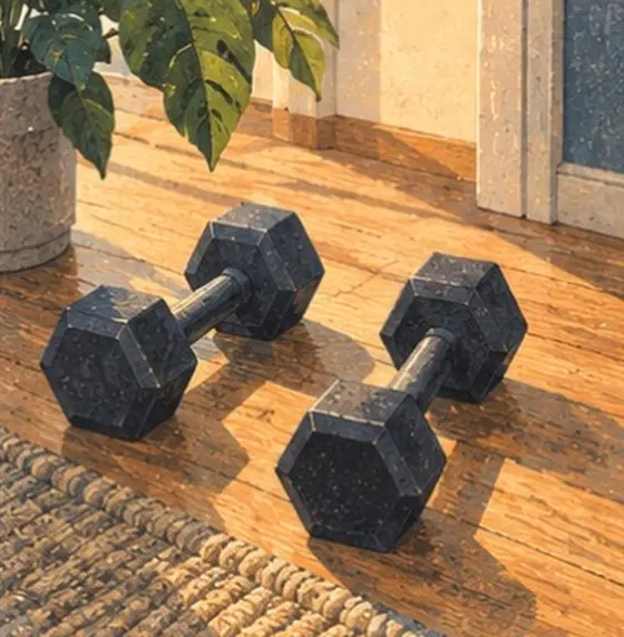 Painting of a pair of dumbbells on a wooden floor