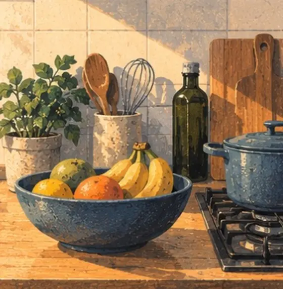 Painting of a kitchen counter with a fruit bowl